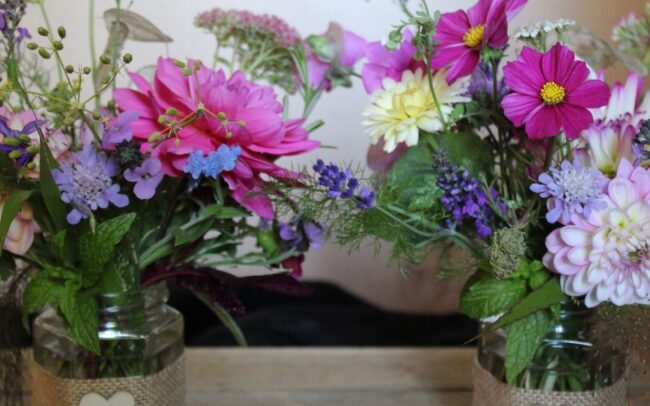 Close up of seasonal jar posie flowers arranged by The Remedy Garden